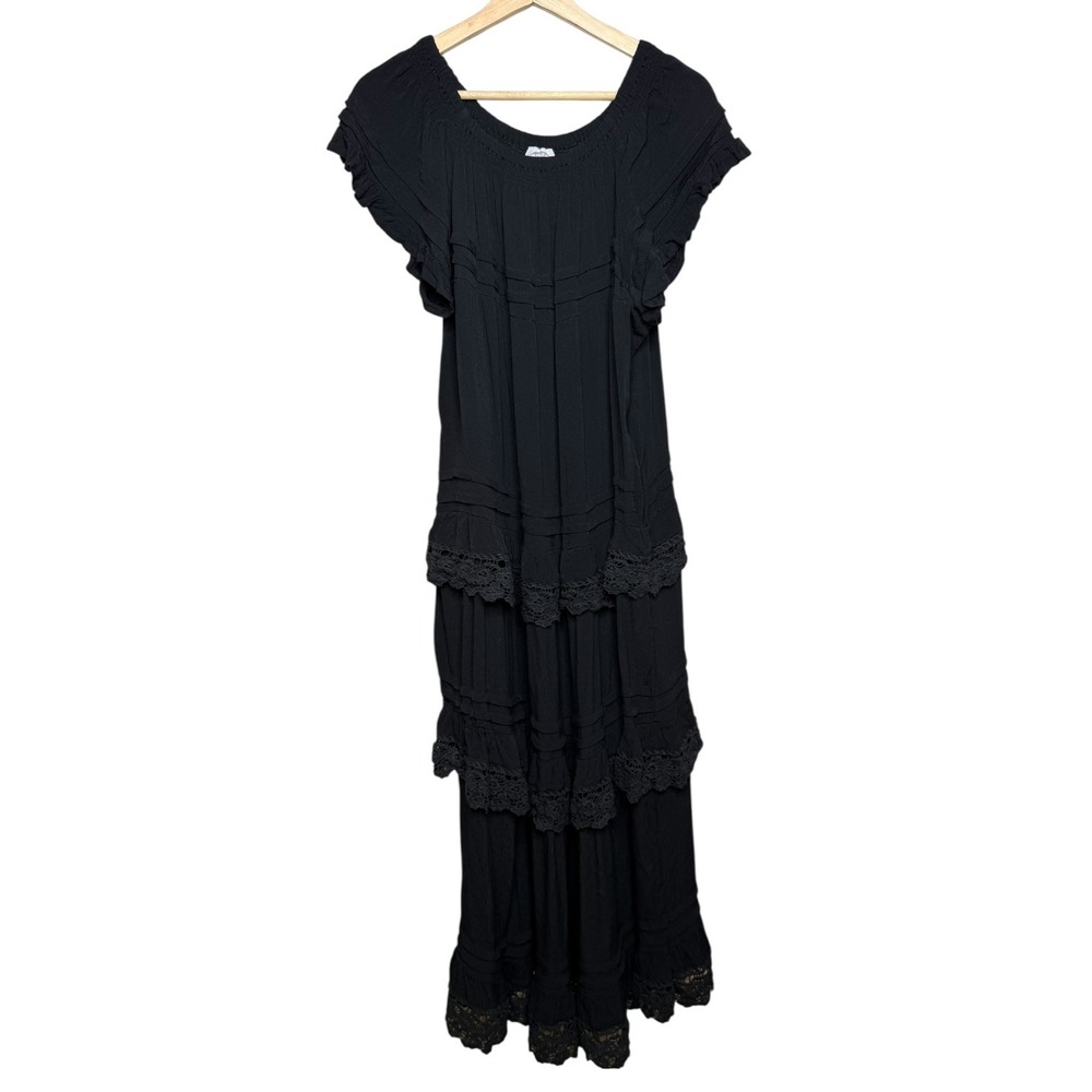 Muche et Muchette Cottage Eyelet Off Shoulder Tiered Esmerelda Maxi Dress Black